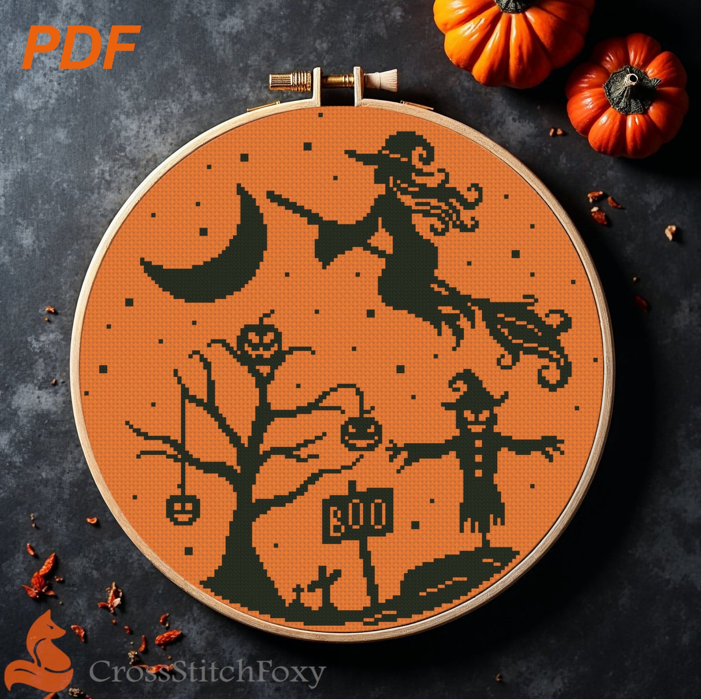 Pretty Witch On Broom Scarecrow Cross Stitch Pattern