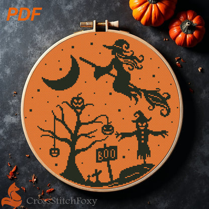 Pretty Witch On Broom Scarecrow Cross Stitch Pattern