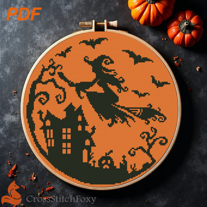Witch On Broom Cross Stitch Pattern