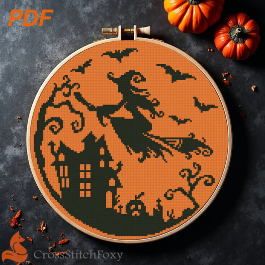 Witch On Broom Cross Stitch Pattern
