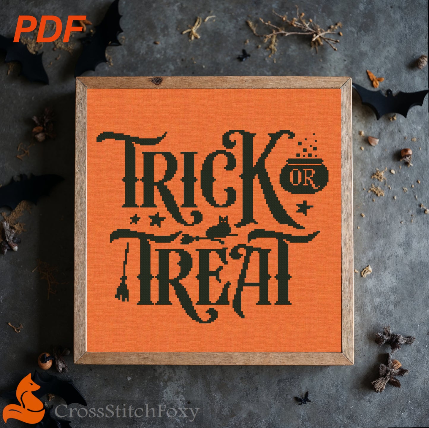 Trick or Treat Cat Witch Broom Cross Stitch Pattern