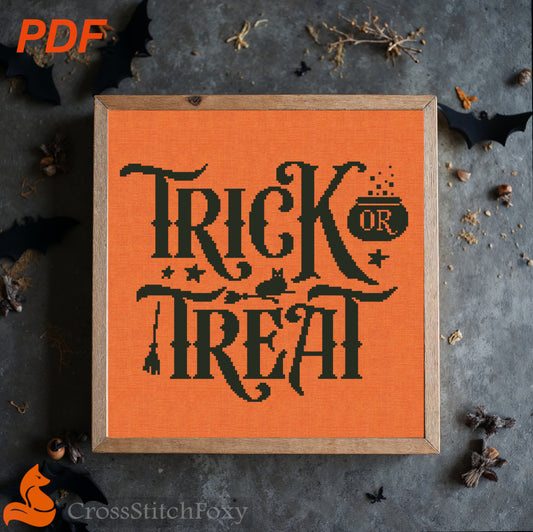 Trick or Treat Cat Witch Broom Cross Stitch Pattern
