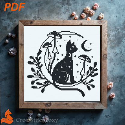 Mystical Cat Moon Mushrooms Cross Stitch Pattern