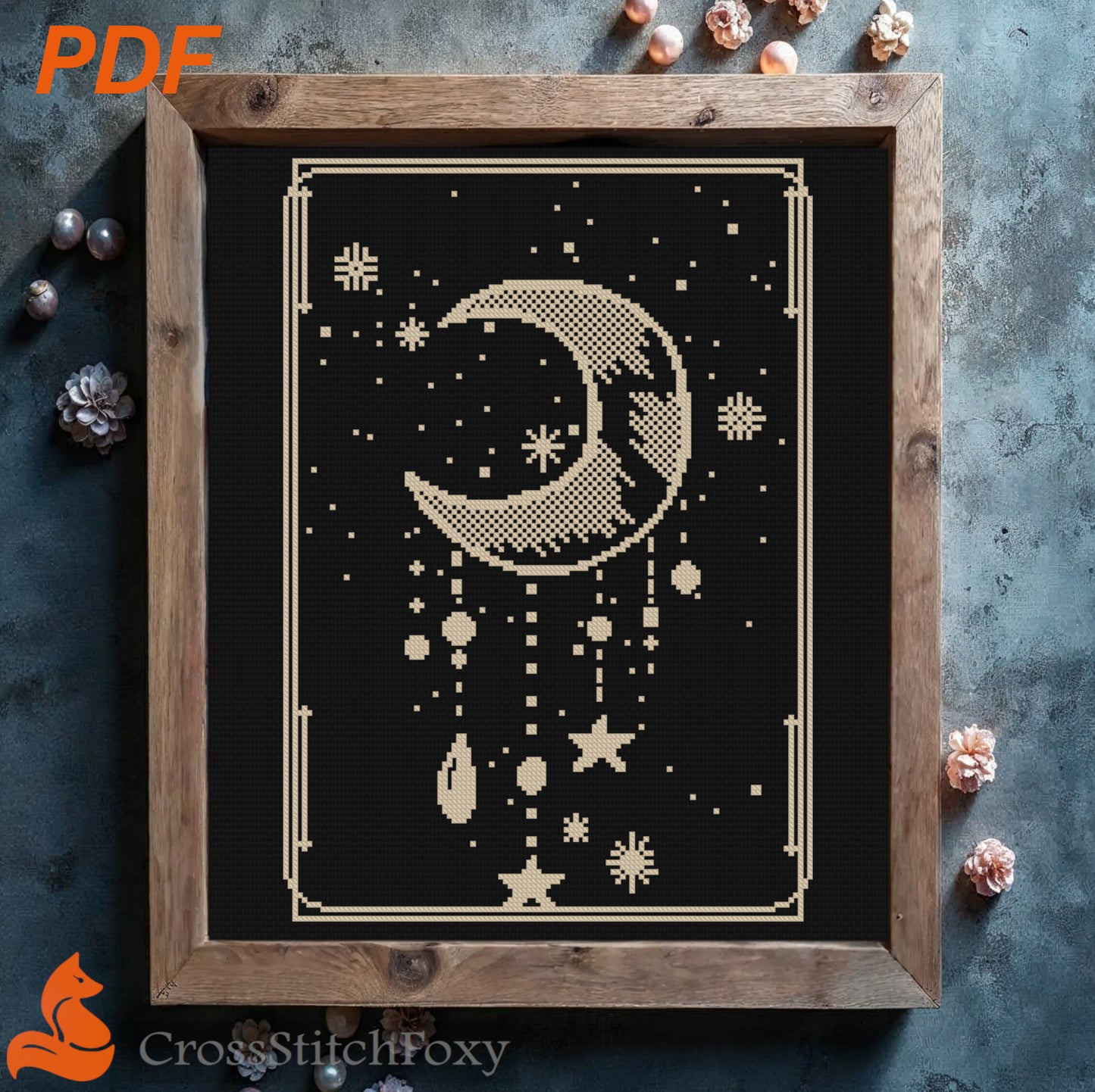 Boho crescent moon cross stitch pattern