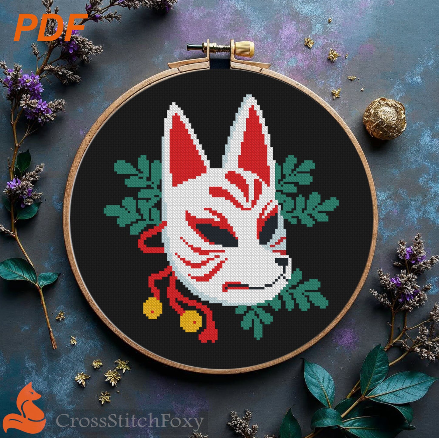 Kitsune Mask Mystical Fox Spirit Cross Stitch Pattern
