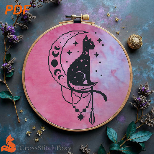 Mystical Cat on the Moon Cross Stitch Pattern