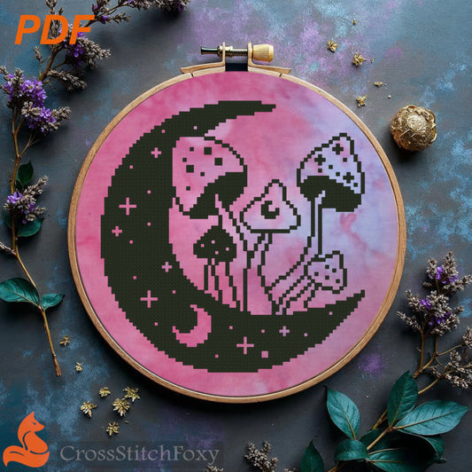 Witchy Moon Mushrooms Cross Stitch Pattern