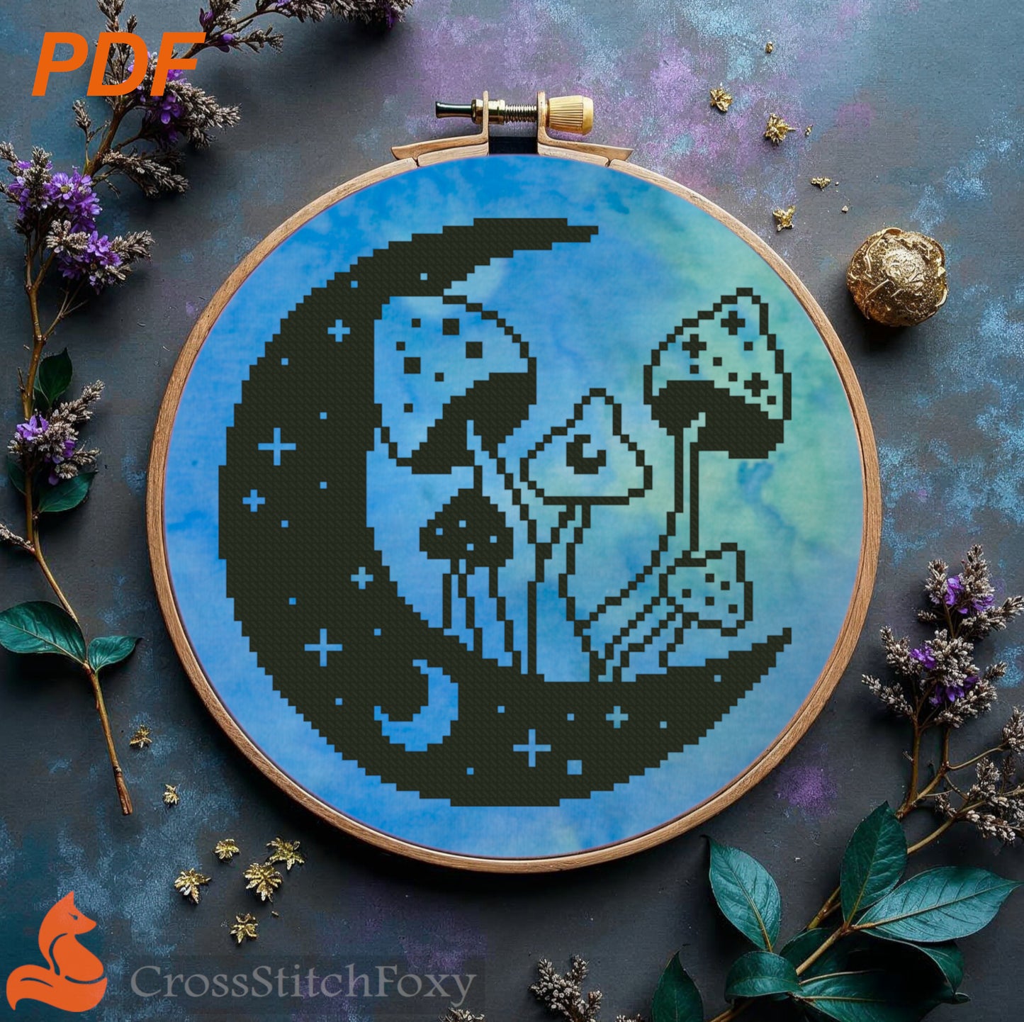 Witchy Moon Mushrooms Cross Stitch Pattern