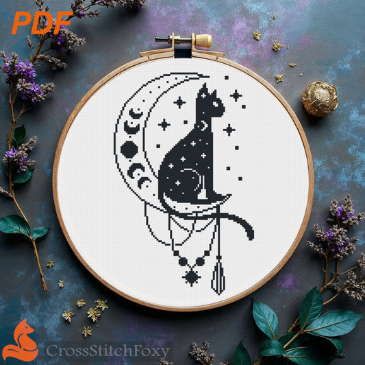 Mystical Cat on the Moon Cross Stitch Pattern