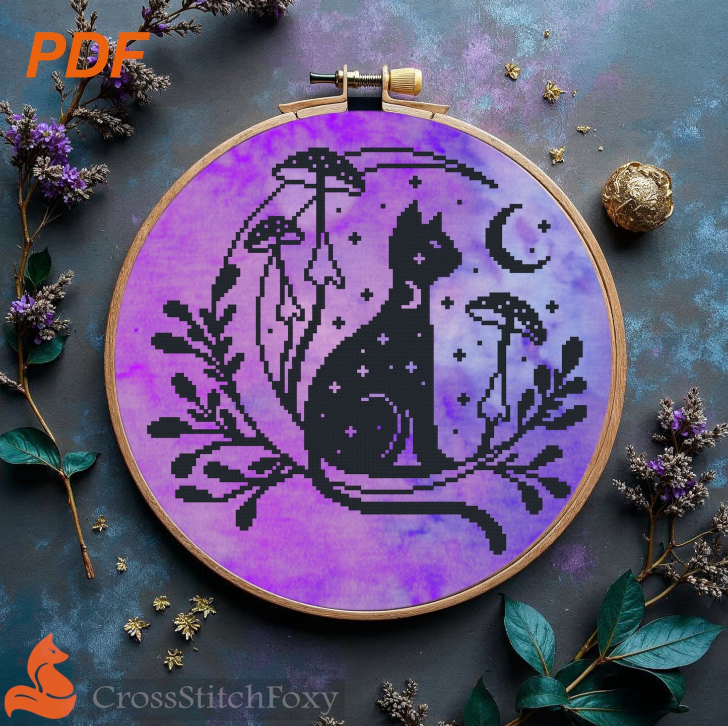 Mystical Cat Moon Mushrooms Cross Stitch Pattern