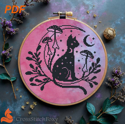 Mystical Cat Moon Mushrooms Cross Stitch Pattern