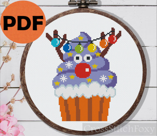 Christmas deer cupcake cross stitch pattern