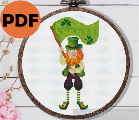 St Patrick Irish gnome leprechaun cross stitch pattern