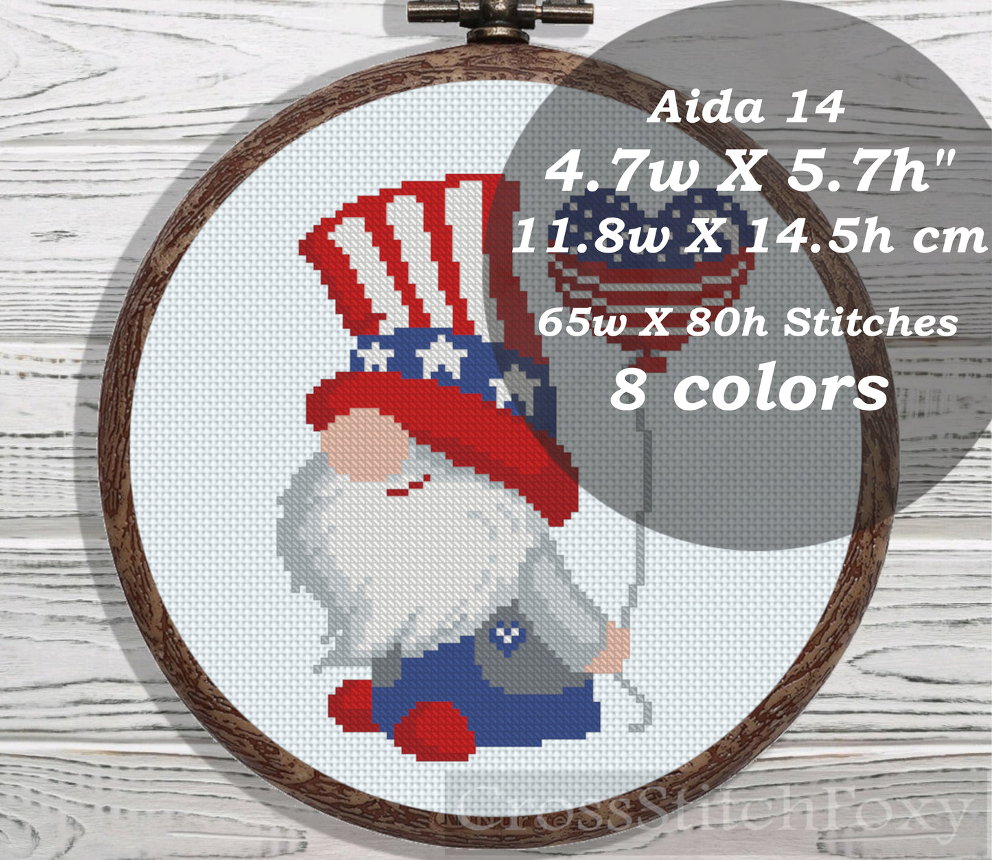 Patriotic Gnome with Balloon cross stitch pattern