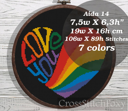 Love You Rainbow Heart cross stitch pattern