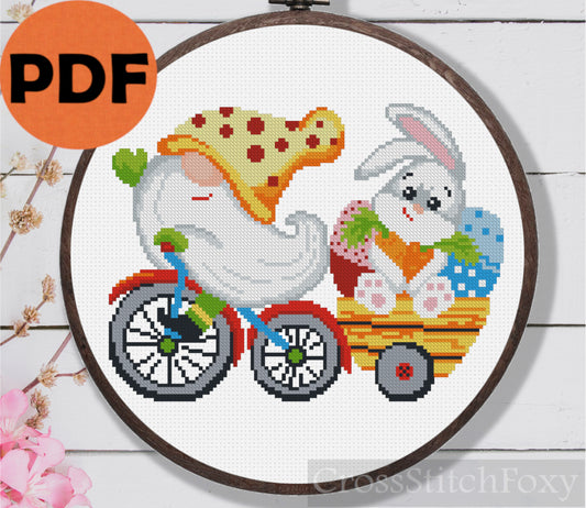 Easter Gnome Bunny Bike Cross Stitch Pattern