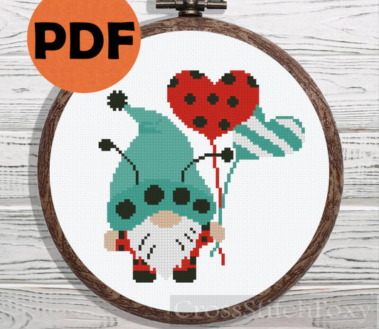 Ladybug Gnome With Balloons cross stitch pattern