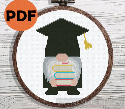 Graduation gnome cross stitch pattern