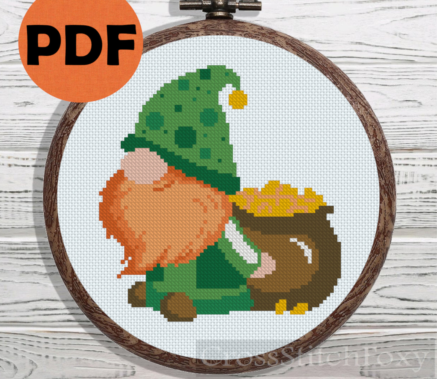 St Patrick Gnome with Treasure cross stitch pattern