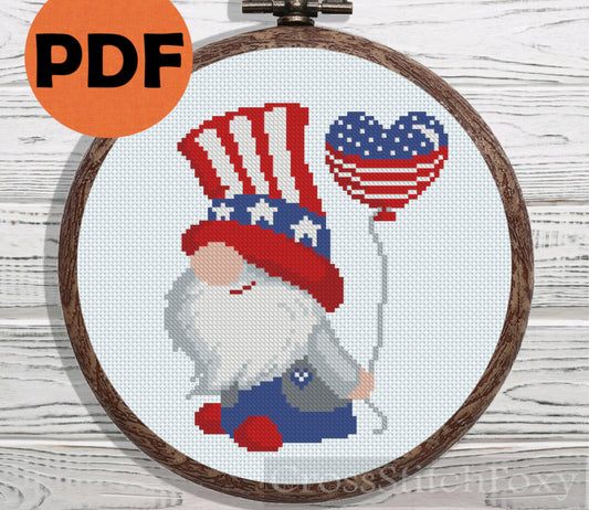 Patriotic Gnome with Balloon cross stitch pattern