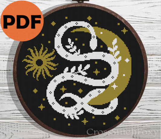 Mystical Snake Moon and Sun cross stitch pattern