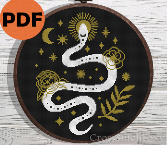 Mystical Snake Moon and Flowers cross stitch pattern