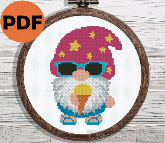 Summer gnome with ice cream and sunglasses cross stitch pattern