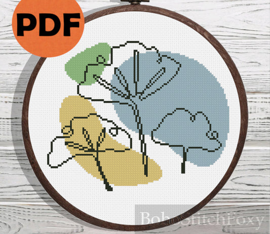Boho Ginkgo biloba leaf cross stitch pattern
