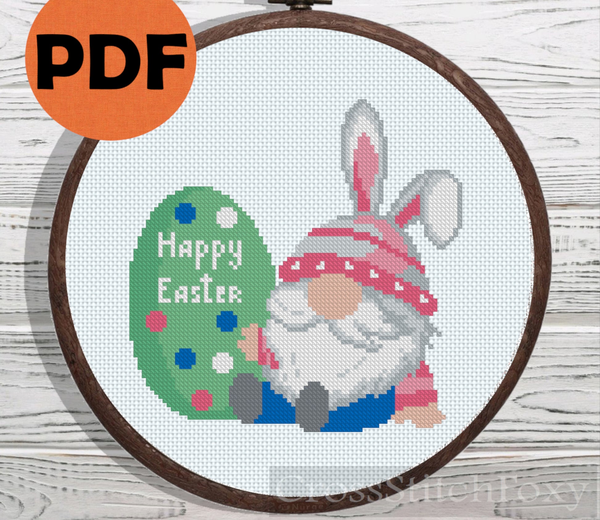 Cute Happy Easter Gnome cross stitch pattern