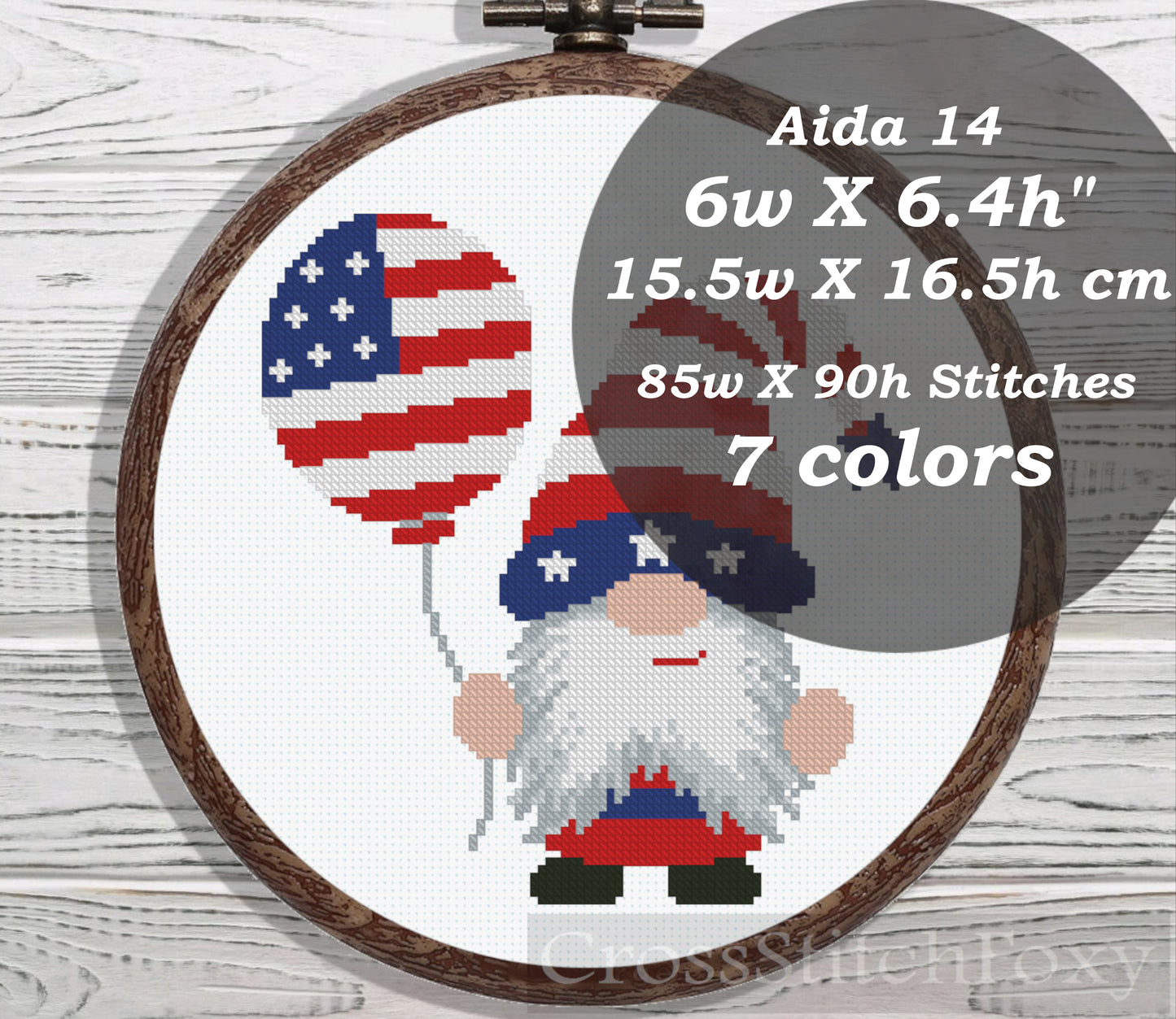 USA Patriotic Gnome With Ballon cross stitch pattern