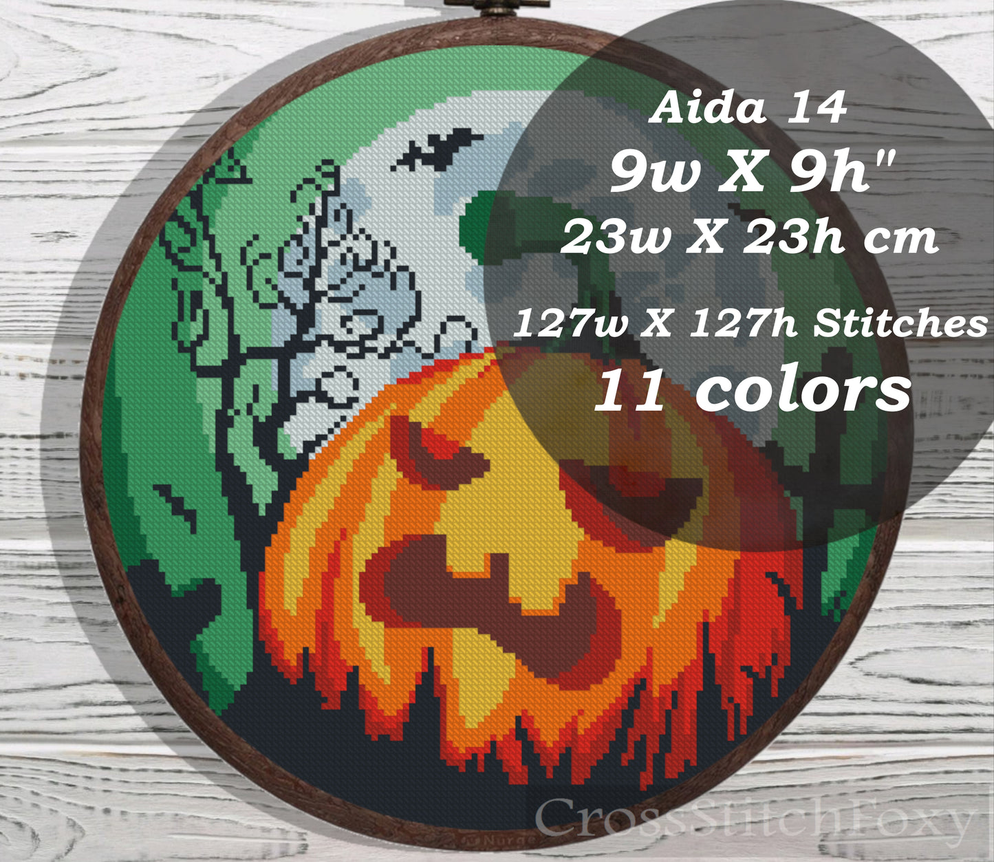 Halloween spooky pumpkin moon landscape cross stitch pattern