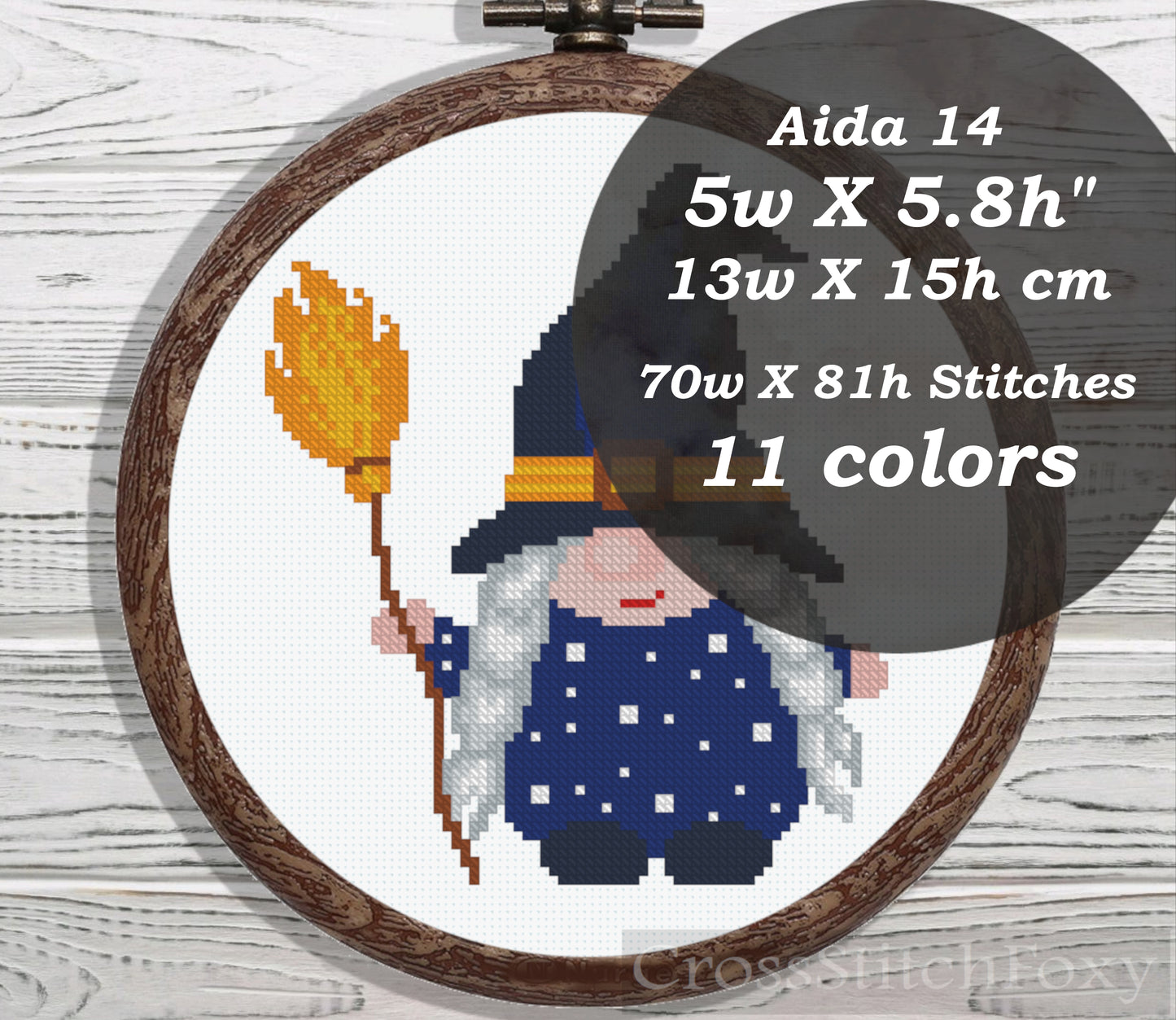 Witch gnome with hat and broom cross stitch pattern