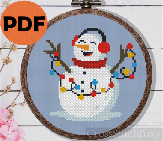 Snowman with Christmas Lights Cross Stitch Pattern