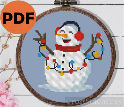 Snowman with Christmas Lights Cross Stitch Pattern