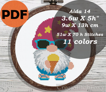 Summer gnome with ice cream and sunglasses cross stitch pattern