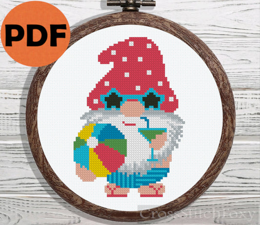 Summer gnome with sunglasses and ball cross stitch pattern