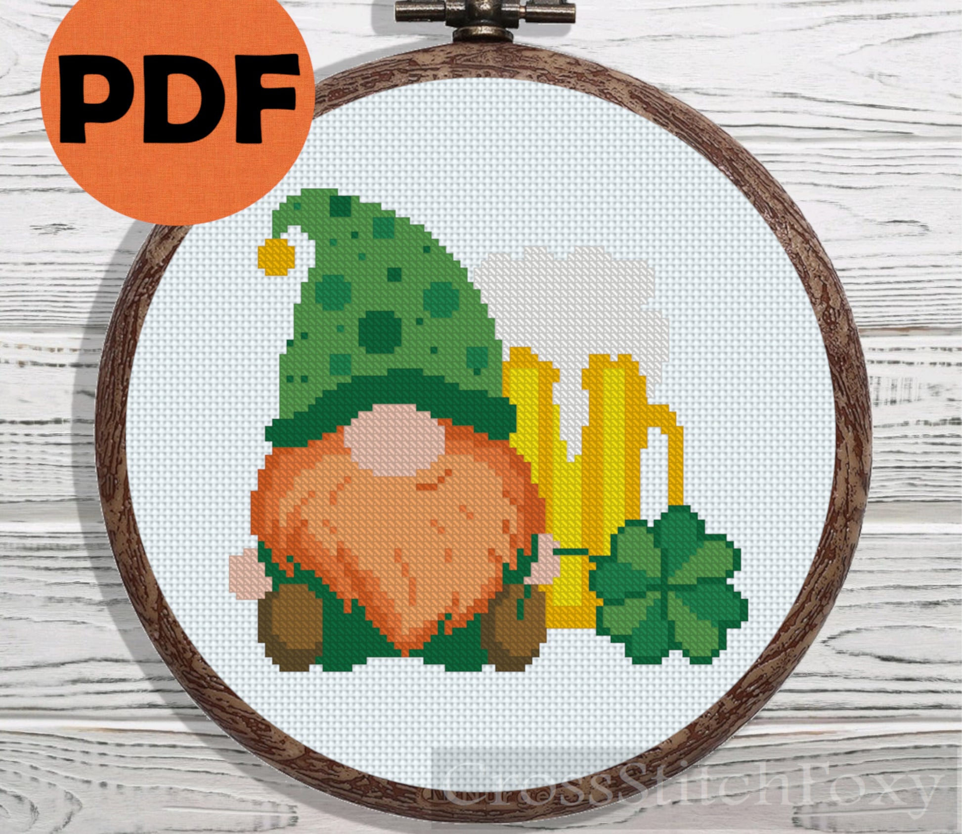 St Patrick Gnome with Shamrock and Beer cross stitch pattern