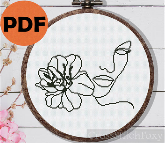 One line art female floral portrait cross stitch pattern