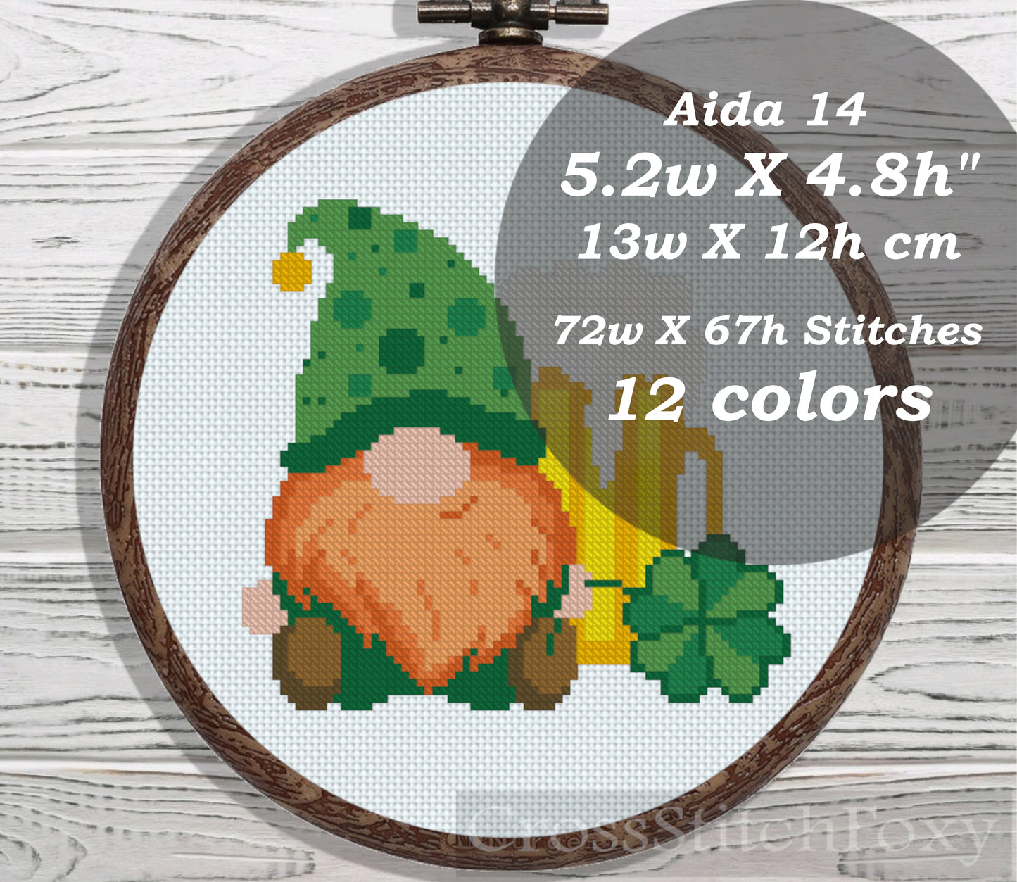St Patrick Gnome with Shamrock and Beer cross stitch pattern