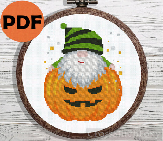 Halloween pumpkin gnome cross stitch pattern