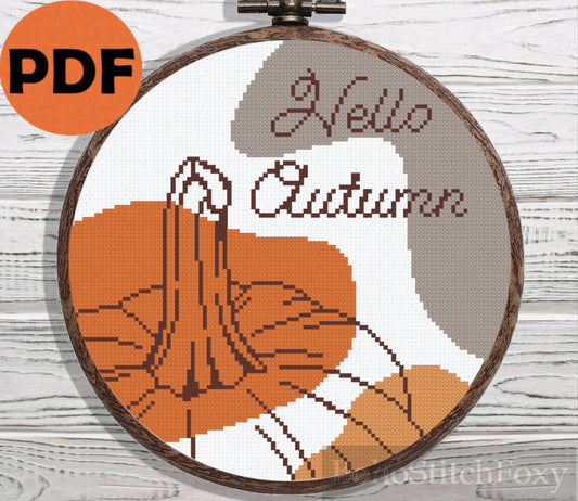 Hello Autumn pumpkin boho cross stitch pattern