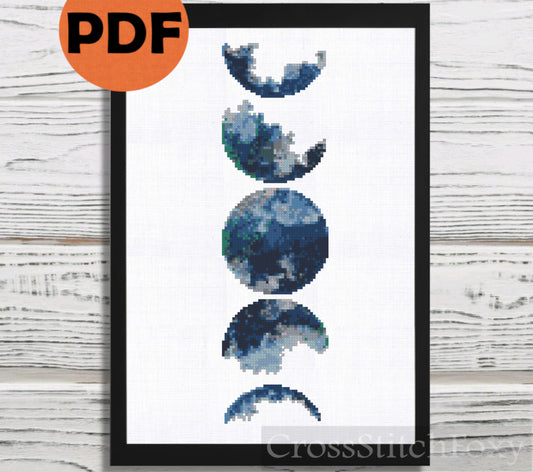 Watercolor Moon Phase cross stitch pattern
