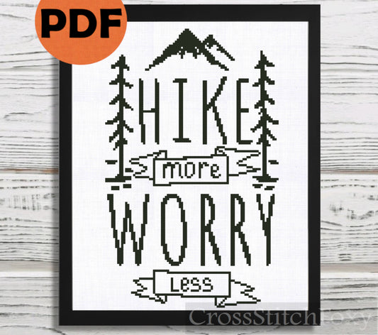 Hike more worry less cross stitch pattern