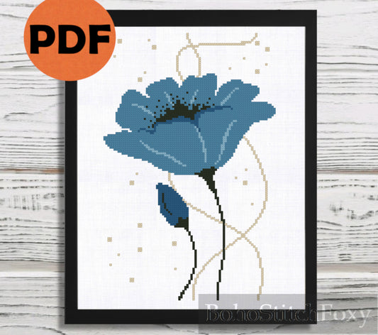 Blue Poppy Flower cross stitch pattern