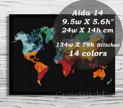 Watercolor World Map cross stitch pattern