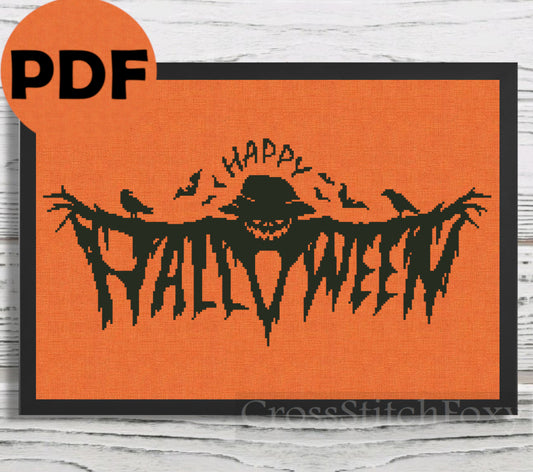 Happy Halloween spooky scarecrow cross stitch pattern