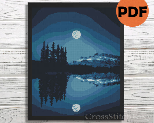 Moonlight landscape cross stitch pattern