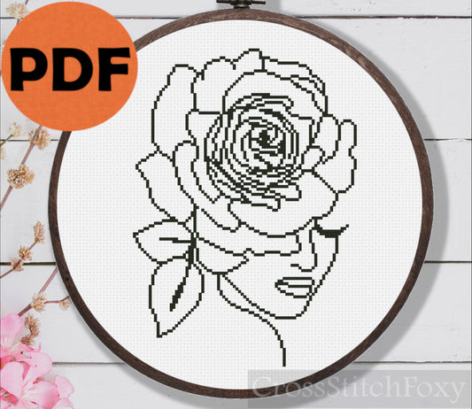Aesthetic female flower portrait cross stitch pattern