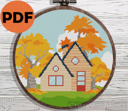 Autumn Cottage House cross stitch pattern