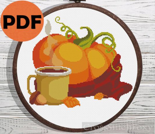 Autumn pumpkin with plaid and coffee cross stitch pattern